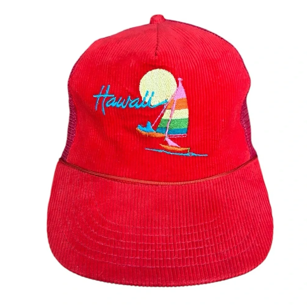 NWOT 80's Vintage Hawaii Sailboat Red Rainbow Corduroy SnapBack Trucker Hat Cap